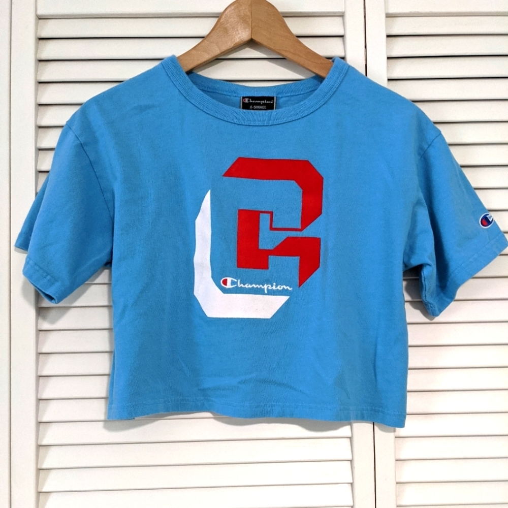 Champion Blue Logo Short Sleeve Crop Top Size XS